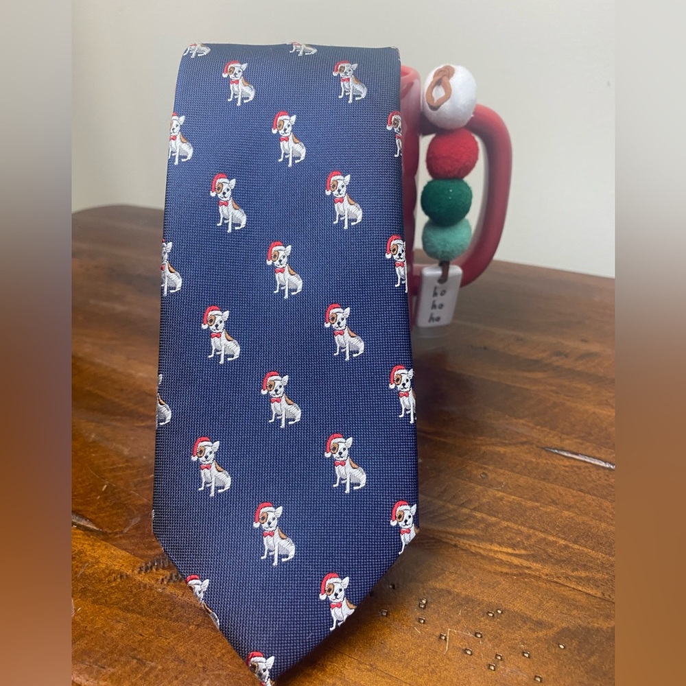 Pronto Uomo Men’s Christmas Navy Tie 
Dog in Santa Hat - Picture 2 of 6